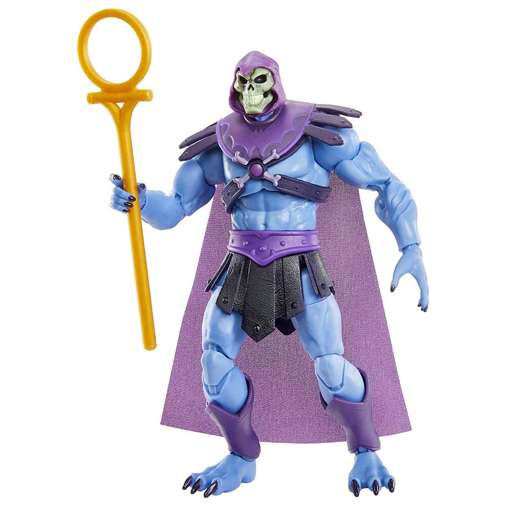 Détail du visage de la figurine Skeletor avec son crâne iconique et sa capuche violette