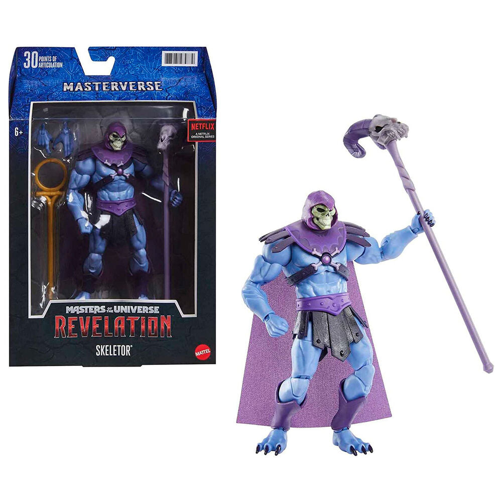 Figurine Skeletor 18cm vue de face avec accessoires inclus, articulation visible