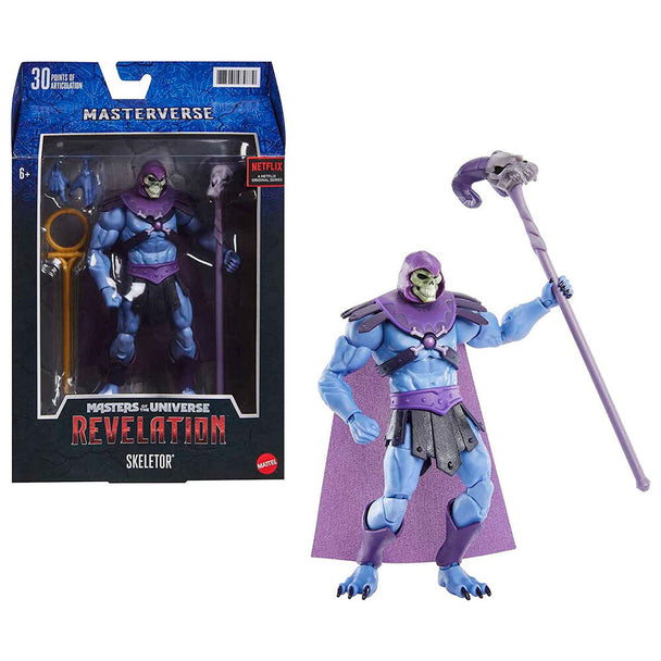 Figurine Skeletor 18cm vue de face avec accessoires inclus, articulation visible