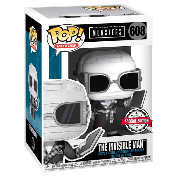 Zoom sur les détails de la figurine Funko POP Invisible Man exclusive noir et blanc avec finition vinyle