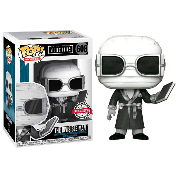 Figurine Funko POP Invisible Man en noir et blanc vue de face dans sa boîte vitrine transparente de 9 cm