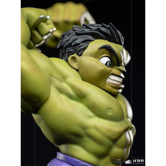 Photo de la figurine Hulk MiniCo avec éclairage mettant en valeur les couleurs et les détails.