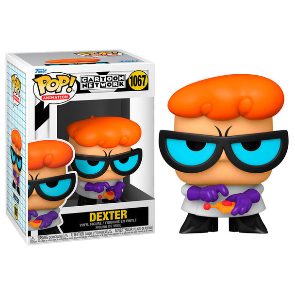 Figurine Funko POP de Dexter avec télécommande vue de face dans sa boîte vitrine.