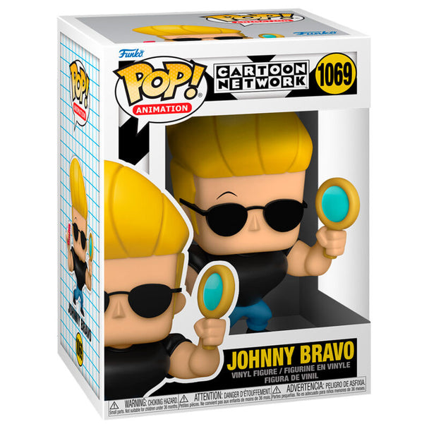 Vue rapprochée de la figurine Johnny Bravo Funko POP affichant ses accessoires miroir et peigne