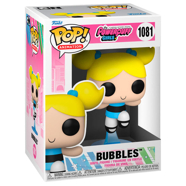 Détail de la figurine Funko POP Bubbles avec ses grands yeux expressifs et sa robe bleue