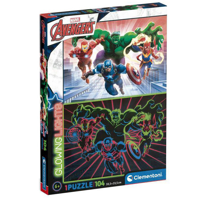 Image du puzzle Marvel Avengers lumineux 104 pièces assemblé montrant les super-héros en action avec effet lumineux