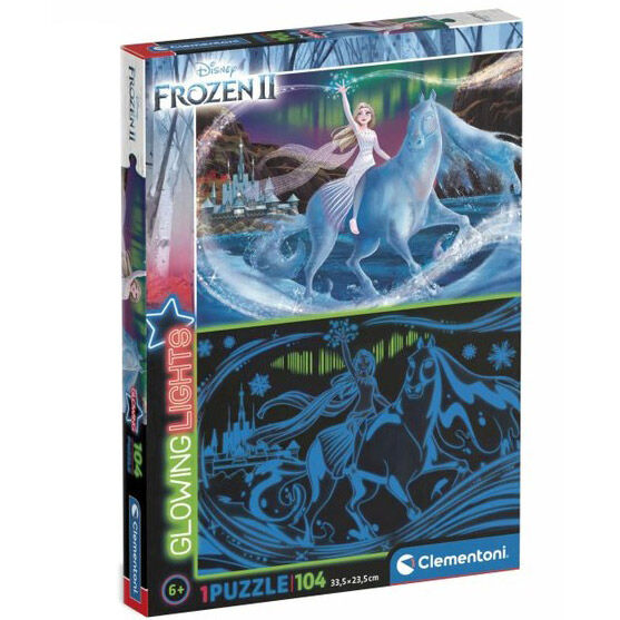 Puzzle Disney Frozen 2 lumineux de 104 pièces avec personnages Elsa et Anna sur fond enneigé