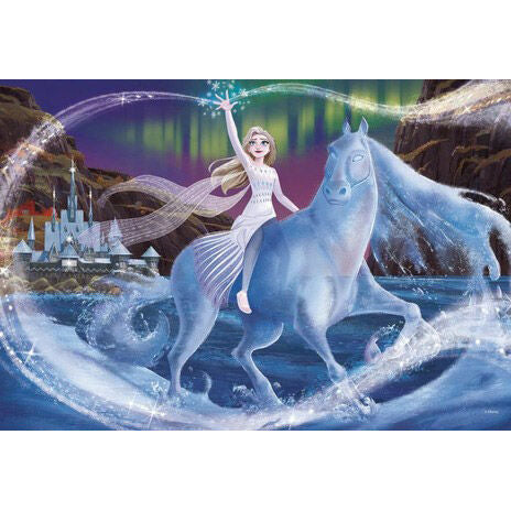 Boîte du puzzle CLEMENTONI Disney Frozen 2 avec illustrations colorées et dimensions du puzzle indiquées