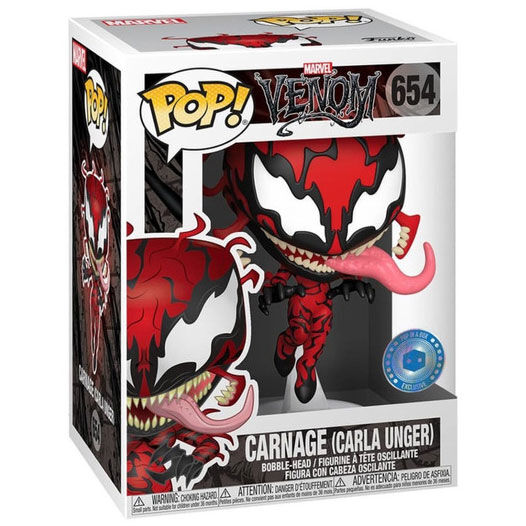 Détail de la figurine Funko POP Carla Unger Carnage montrant les couleurs vives et le design unique