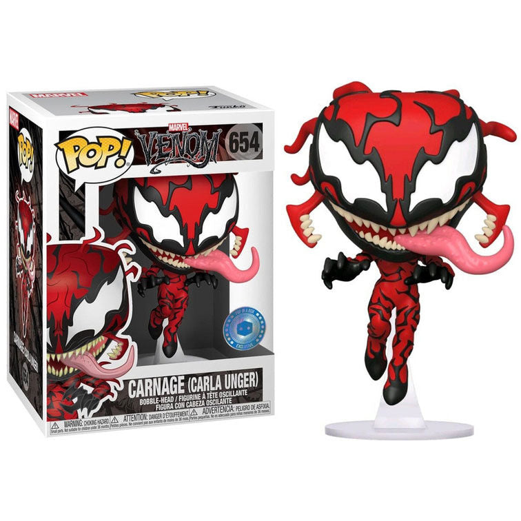 Boîte vitrine transparente de la figurine Funko POP Carla Unger Carnage avec logo Marvel Comics