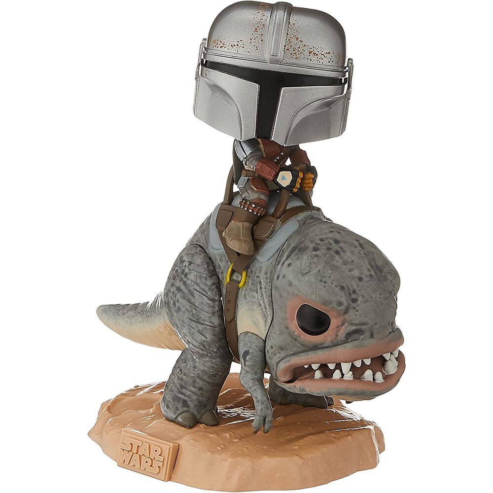 Figurine POP Star Wars The Mandalorian chevauchant Blurg montrant les couleurs et textures