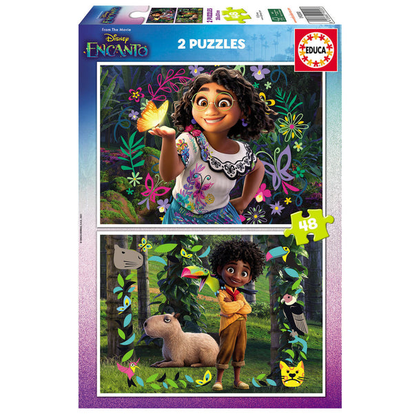 Puzzle Disney Encanto 2x48 pièces EDUCA BORRAS avec illustrations colorées du film, dimensions 28x20 cm par puzzle.