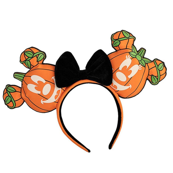 Serre-tête Loungefly Disney avec tête de citrouille orange et oreilles de Mickey sur fond blanc