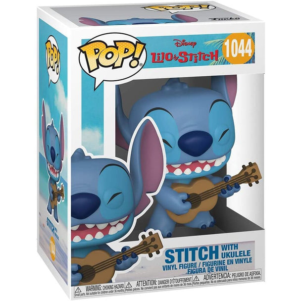 Vue latérale de la figurine Funko POP Stitch avec ukulélé, mettant en valeur les détails colorés et le design fidèle au personnage