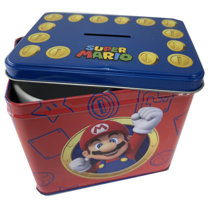 Set complet avec mug en céramique et tirelire métal Super Mario Bros sur fond blanc