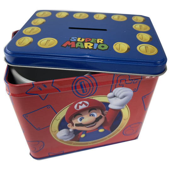 Set complet avec mug en céramique et tirelire métal Super Mario Bros sur fond blanc
