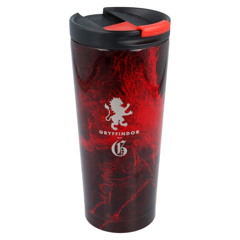 Côté du gobelet montrant les détails du blason Gryffindor sur acier inoxydable