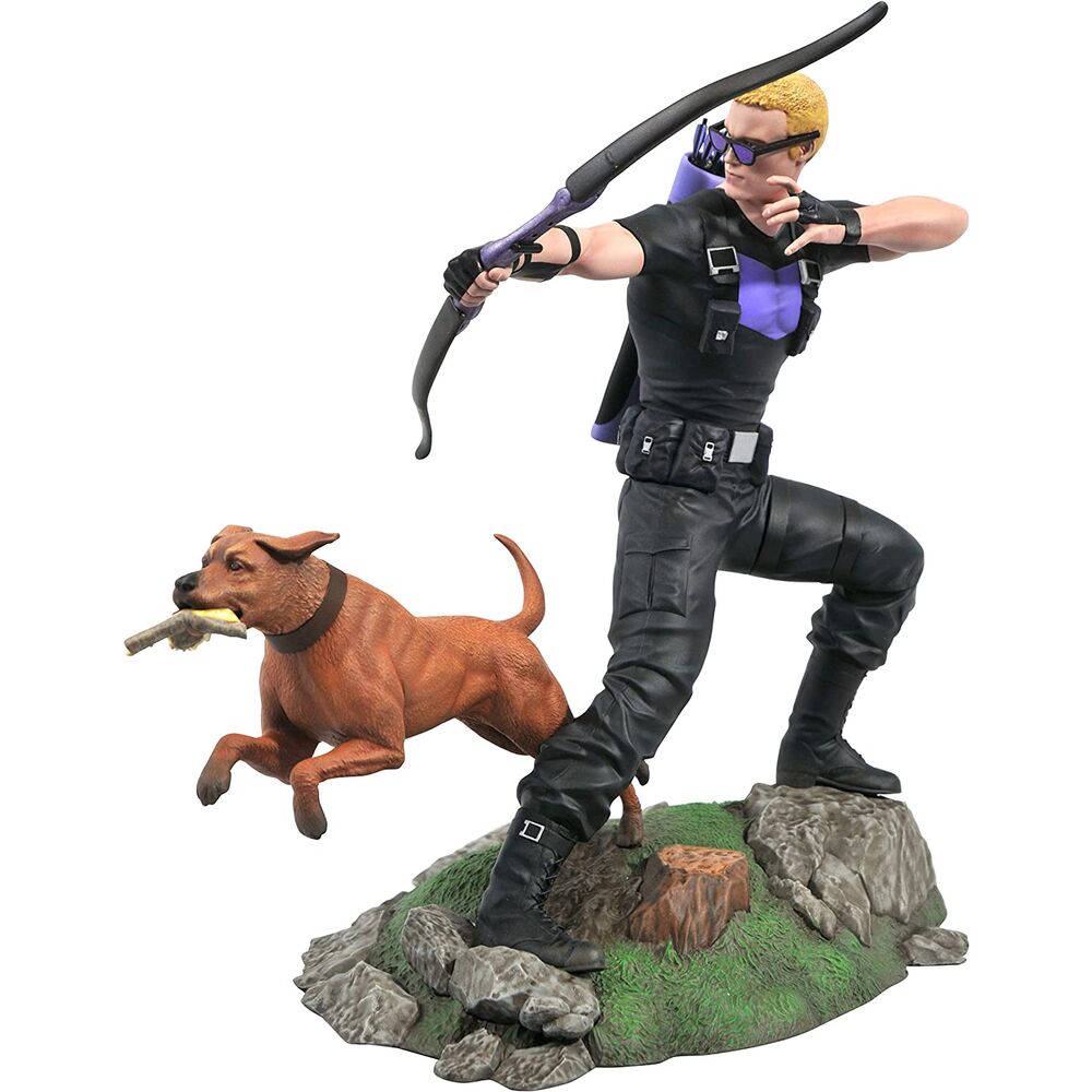 Statue Marvel Hawkeye avec son chien en diorama de 23 cm en PVC, vue avant détaillée