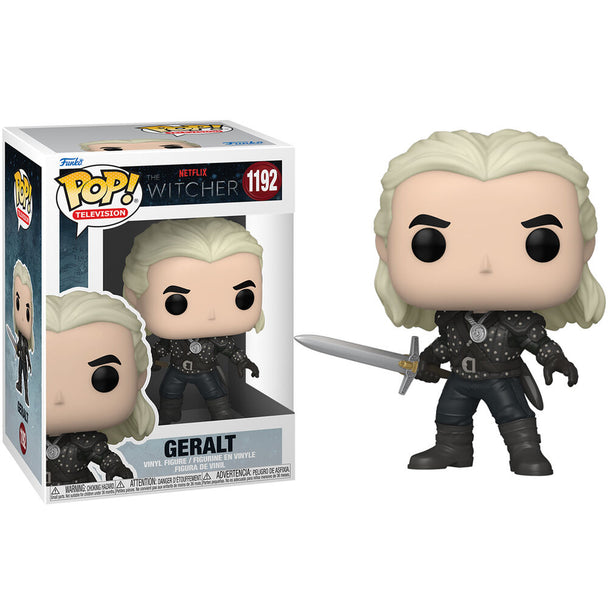 Figurine Funko POP Geralt de Riv de The Witcher en vinyle, vue de face avec détails précis du costume et des cheveux blancs