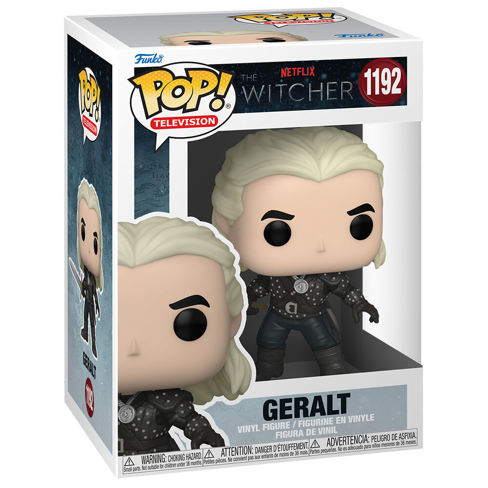 Vue latérale de la figurine Funko POP Geralt de Riv montrant l'épée et les détails du visage sculpté avec soin