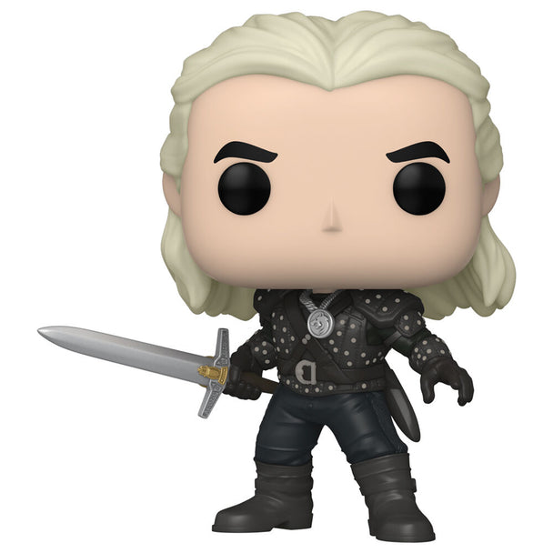 Boîte vitrine de la figurine Funko POP Geralt de Riv, affichant le logo officiel The Witcher et la marque Funko sur fond noir