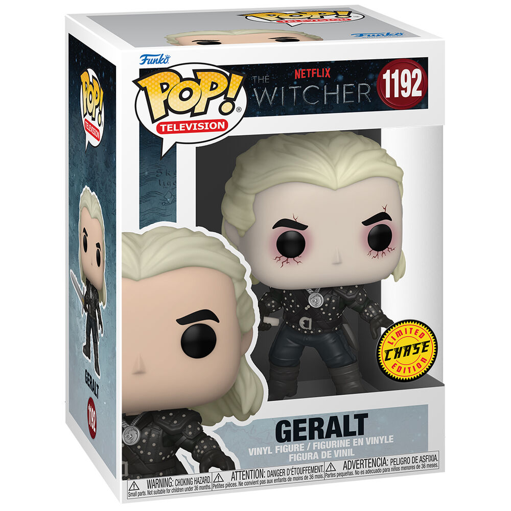 Figurine Funko POP Geralt de Riv vue de profil, mettant en avant les accessoires et la finition soignée