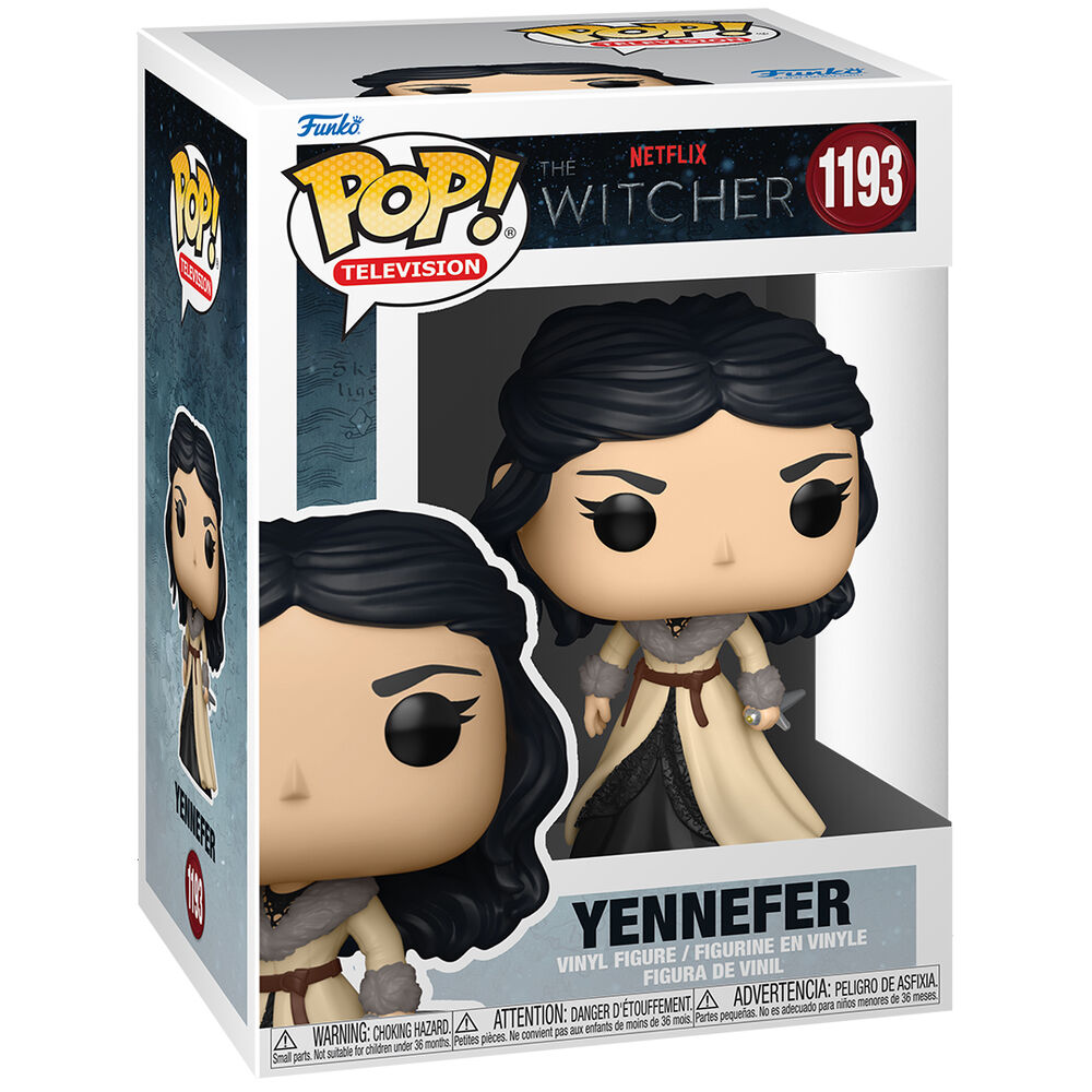 Vue latérale de la figurine Funko POP Yennefer dans sa boîte fenêtre, idéale pour collectionneurs