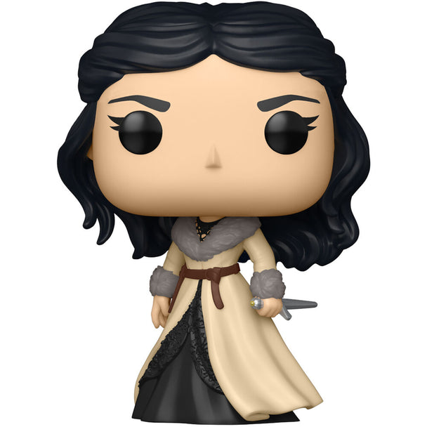Gros plan sur la figurine Yennefer Funko POP montrant ses traits caractéristiques et sa tenue noire