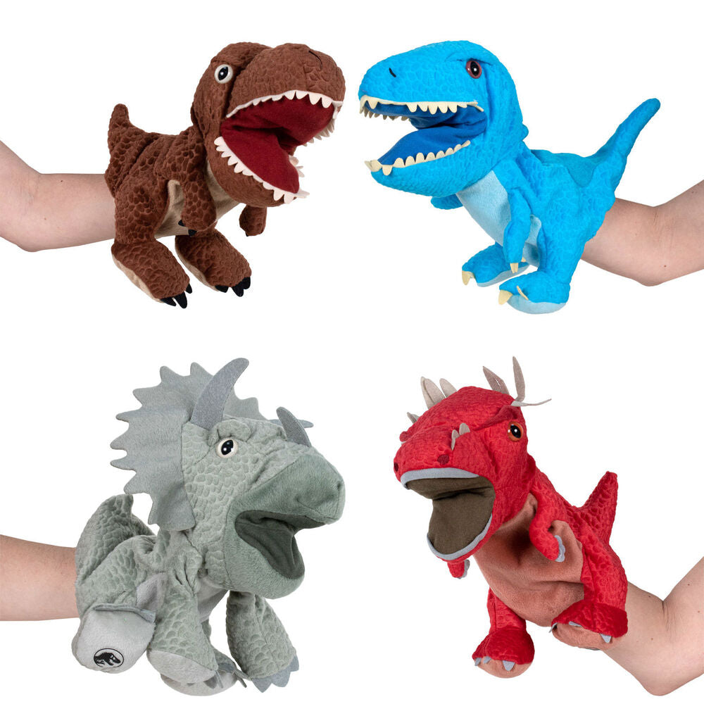 Marionnette en peluche représentant un dinosaure de Jurassic World, assortie et colorée, idéale pour le jeu et la collection.