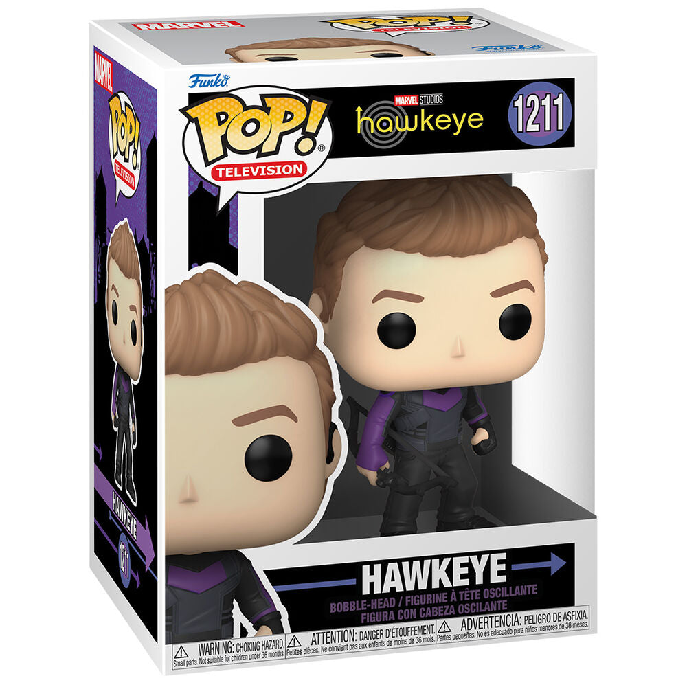 Emballage officiel Funko POP avec la figurine Hawkeye Marvel visible à travers la fenêtre
