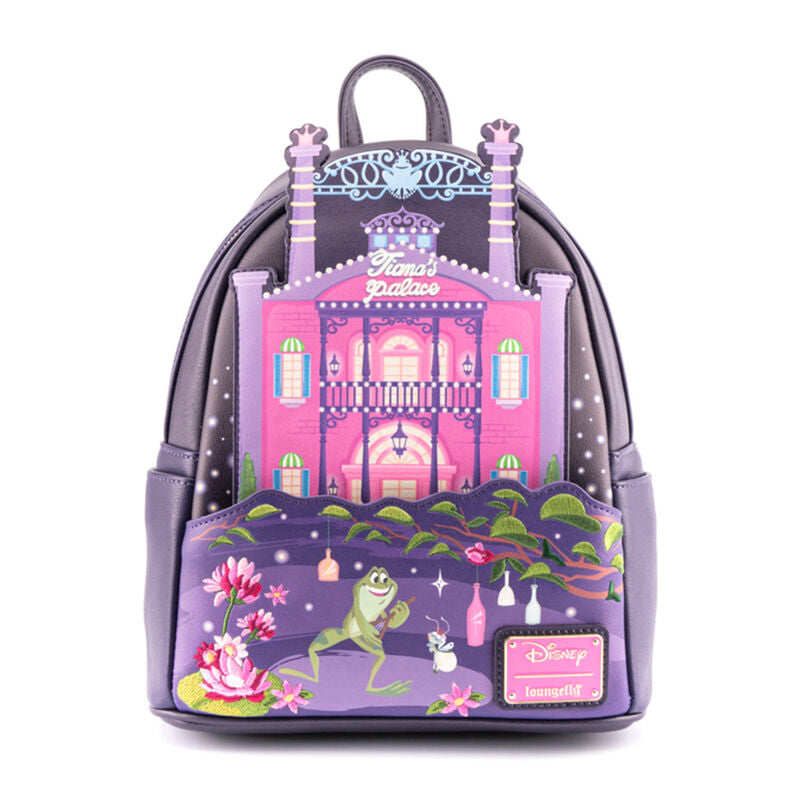 Vue avant du sac à dos Loungefly Disney Tiana La Princesse et la Grenouille avec design coloré et détails soignés