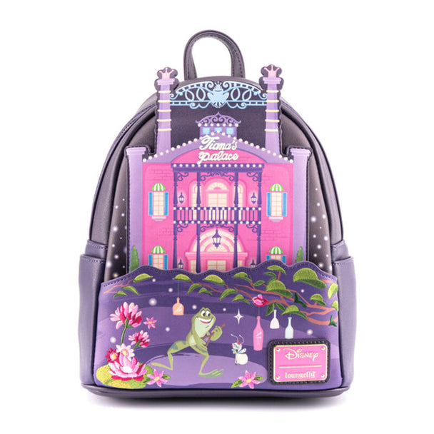 Vue avant du sac à dos Loungefly Disney Tiana La Princesse et la Grenouille avec design coloré et détails soignés