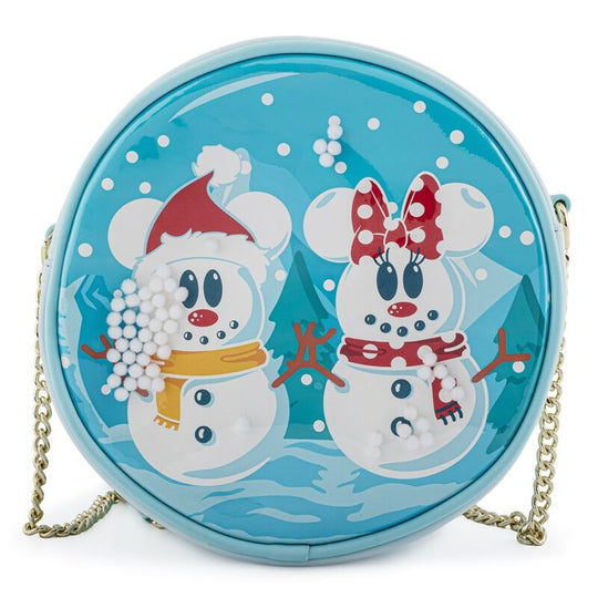 Vue avant du sac Loungefly Disney avec Mickey et Minnie en bonhommes de neige sur fond blanc
