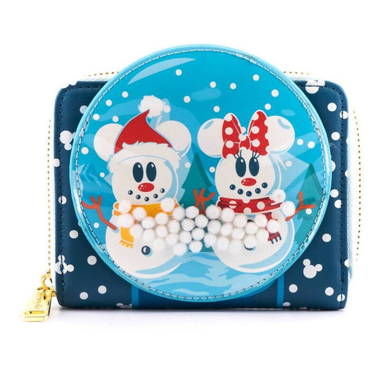 Portefeuille Loungefly Disney avec Mickey et Minnie en bonhomme de neige vu de face sur fond blanc