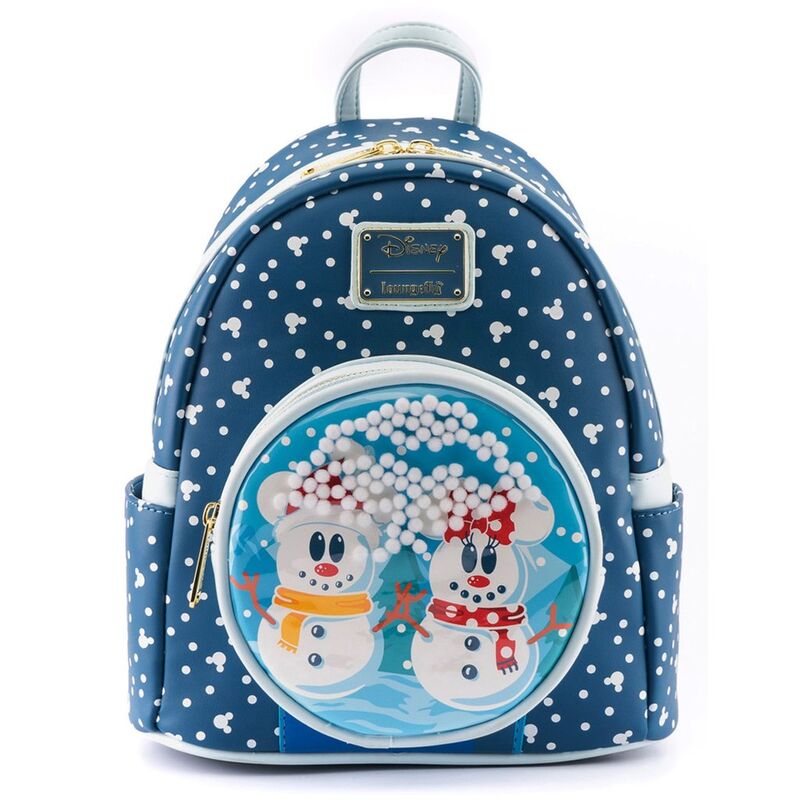 Sac à dos Loungefly Disney Mickey et Minnie bonhomme de neige vue de face avec détails colorés