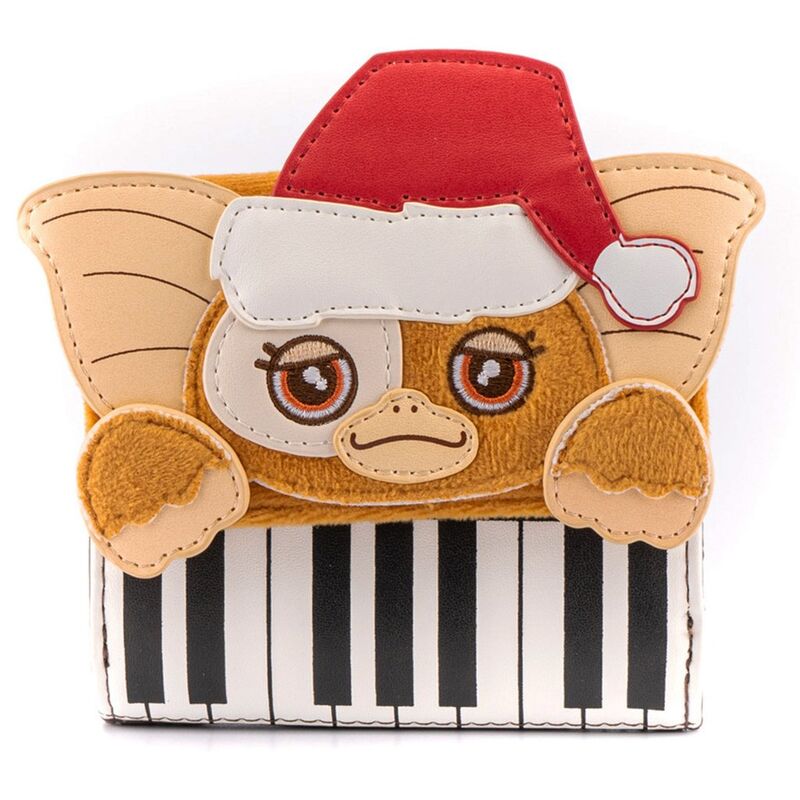 Vue de face du portefeuille Loungefly Gremlins Gixmo édition Noël avec motifs festifs