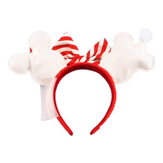 Détail du serre-tête montrant Minnie en bonhomme de neige avec accessoires festifs