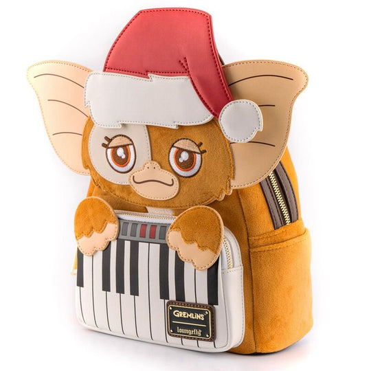 Détail du motif Gizmo en tenue de Noël sur le sac à dos Loungefly Gremlins