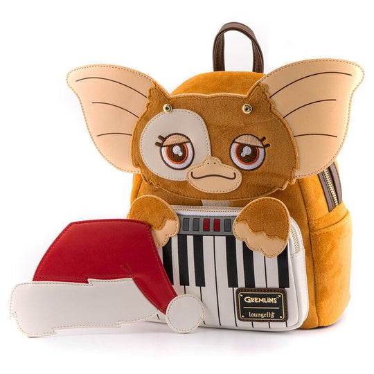 Vue latérale du sac à dos Loungefly Gremlins Christmas montrant la fermeture zippée robuste