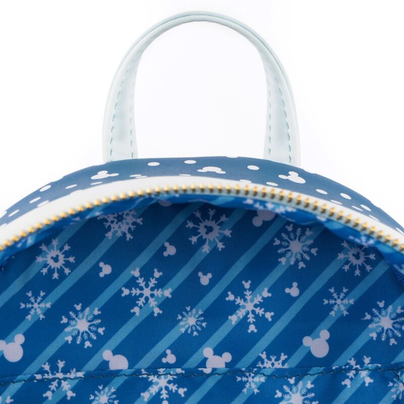 Vue latérale du sac à dos Mickey et Minnie bonhomme de neige avec fermeture éclair visible