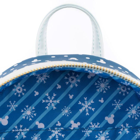 Vue latérale du sac à dos Mickey et Minnie bonhomme de neige avec fermeture éclair visible