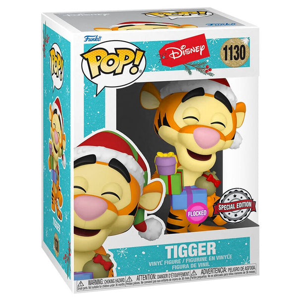 Zoom sur la figurine Tigger POP exclusive FUNKO avec effet flocked et couleurs festives de Noël