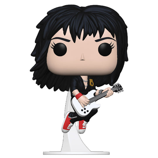 Figurine Funko POP Joan Jett de 9 cm en tenue rock, présentée dans une boîte vitrée transparente.