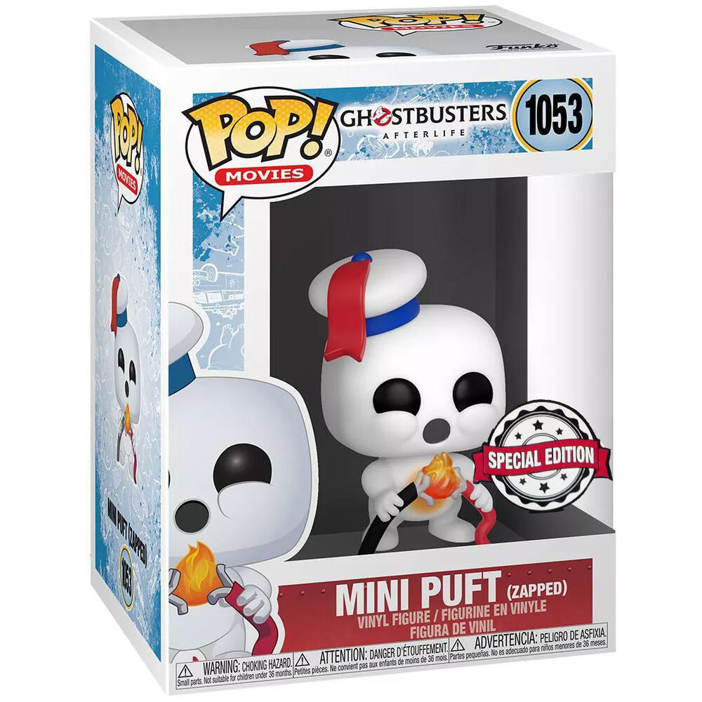 Vue rapprochée de la figurine Funko POP Mini Puft Ghostbusters Afterlife exclusive Zapped montrant les détails du design