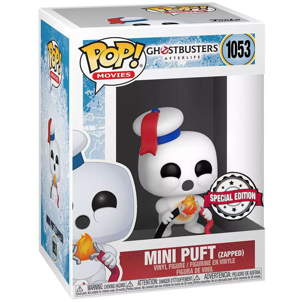 Vue rapprochée de la figurine Funko POP Mini Puft Ghostbusters Afterlife exclusive Zapped montrant les détails du design