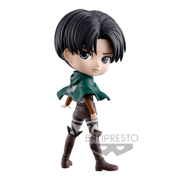 Figurine Q Posket Levy Ver.A de 14 cm par BANPRESTO, représentant le personnage d'Attack On Titan avec un design détaillé et coloré.