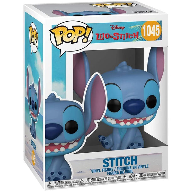 Vue rapprochée de la figurine Funko POP Stitch souriant, présentant son design unique et sa boîte cadeau
