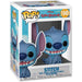 Vue rapprochée de la figurine Funko POP Stitch souriant, présentant son design unique et sa boîte cadeau