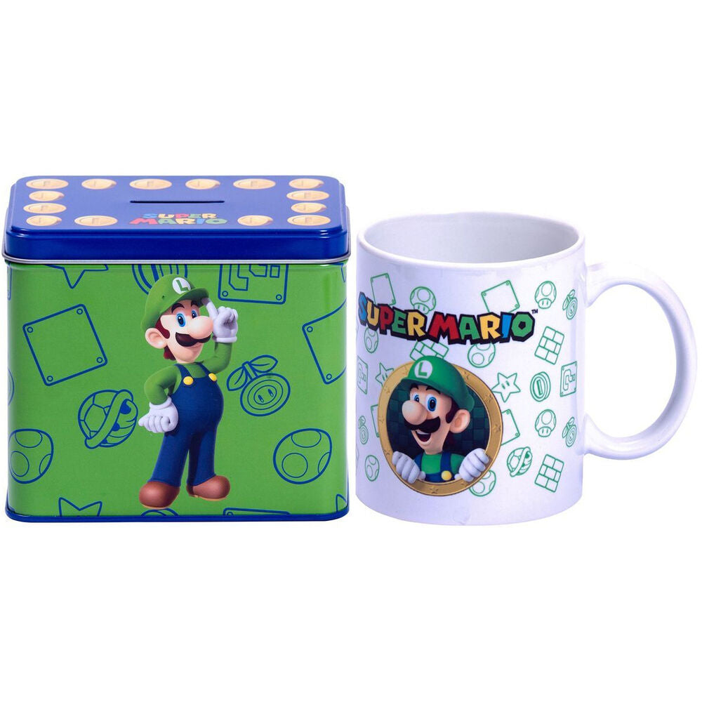 Set complet : mug Luigi et tirelire métal Super Mario Bros présentés ensemble sur fond blanc