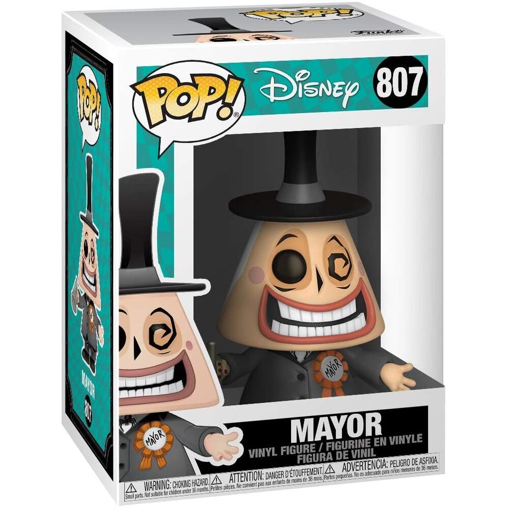 Détail de la figurine Funko POP Mayor avec son costume et son visage expressif, édition Nightmare Before Christmas.